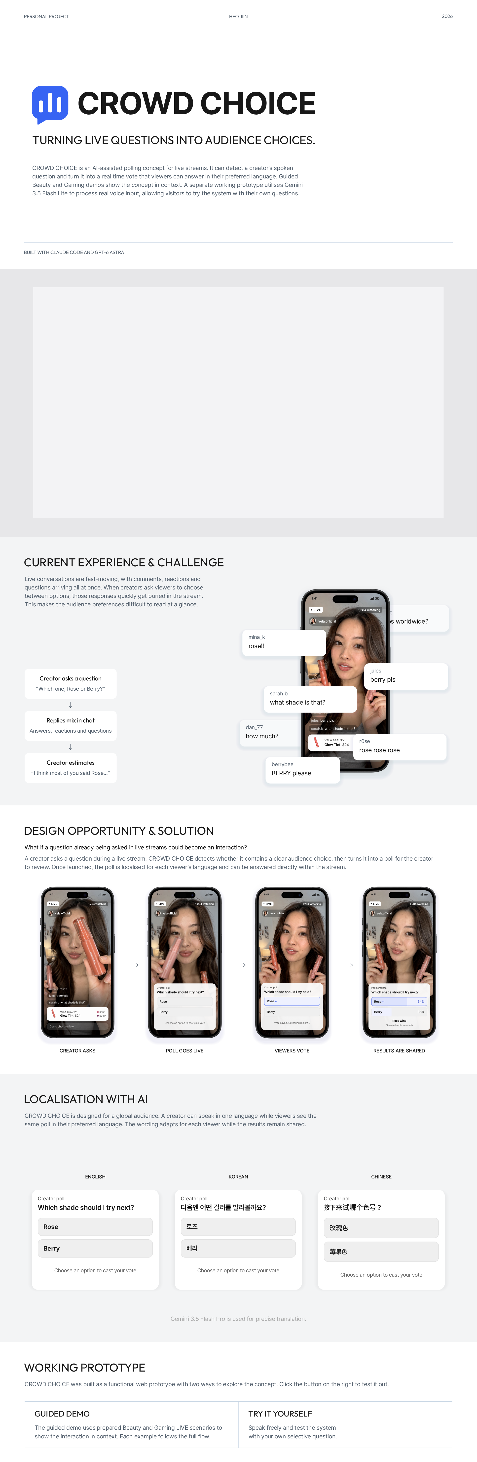 CROWD CHOICE: an AI-assisted live polling concept. Project overview, current experience and challenge, design solution, multilingual localisation, and working prototype.
