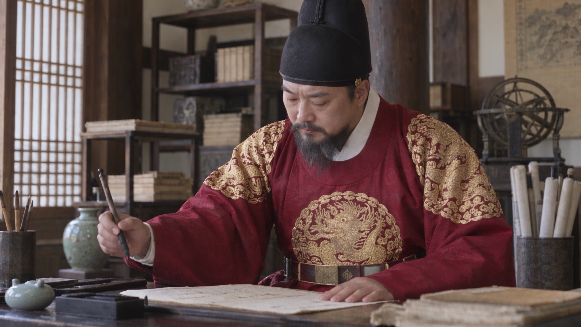 King Sejong writing at his desk — historical education film